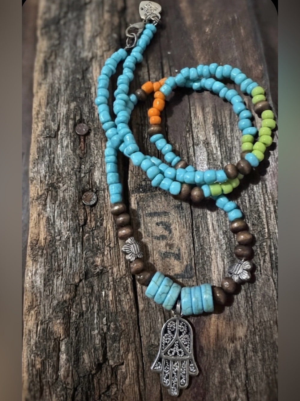 Artisan Turquoise, Lime & Orange Beaded Hamsa Necklace